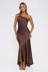 Romantic Affair Satin One Shoulder Maxi Dress Brown